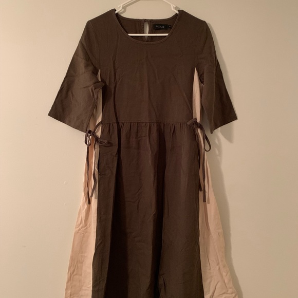 Roolee Green Cream Linen Midi Maxi Dress Tie Womens - Picture 2 of 5